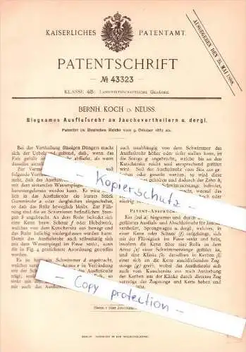 Original Patent - Bernh. Koch in Neuss , 1887 , Ausflußrohr an Jauchevertheilern !!!