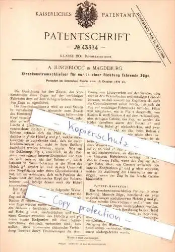 Original Patent - A. Jungeblodt in Magdeburg , 1887 , Streckenstromschließer für Züge !!!