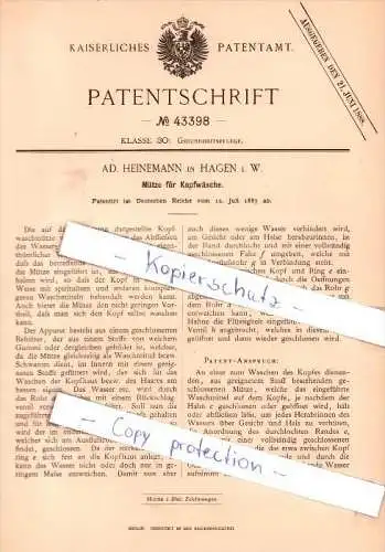 Original Patent - Ad. Heinemann in Hagen i. W. , 1887 , Mütze für Kopfwäsche , Friseur !!!