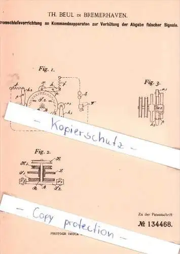 Original Patent - Th. Beul in Bremerhaven , 1901 , Stromschlußvorrichtung an Kommandoapparaten !!!