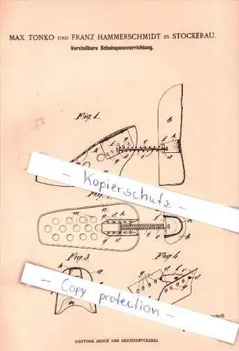 Original Patent - Max Tonko und F. Hammerschmidt in Stockerau , 1901 , Schuhspannvorrichtung !!!