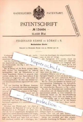 Original Patent - Ferdinand Rähse in Löbau i. S. , 1901 , Mechanisches Klavier !!!