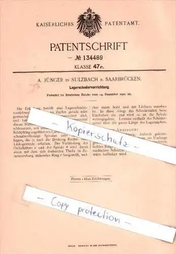 Original Patent - A. Jünger in Sulzbach b. Saarbrücken , 1901 , Lagerschmiervorrichtung !!!