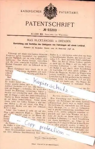 Original Patent - Max Rucktäschel in Dresden , 1896 , Verhüten des Umkippens von Fahrzeugen !!!