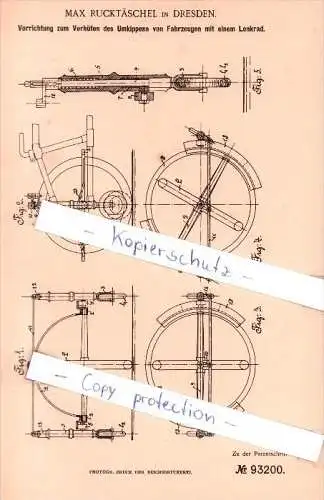 Original Patent - Max Rucktäschel in Dresden , 1896 , Verhüten des Umkippens von Fahrzeugen !!!