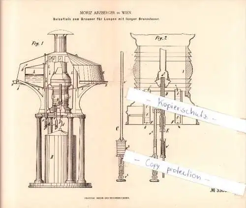 Original Patent - Moriz Arzberger in Wien , 1884 , Oelzufluß zum Brenner für Lampen mit langer Brenndauer !!!