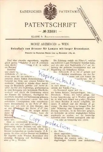 Original Patent - Moriz Arzberger in Wien , 1884 , Oelzufluß zum Brenner für Lampen mit langer Brenndauer !!!