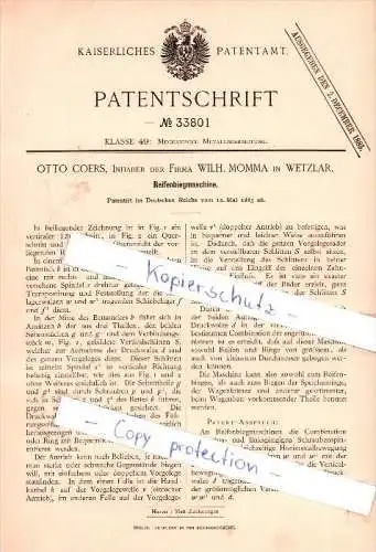 Original Patent - O. Coers, Inh. der Firma Wilh. Momma in Wetzlar , 1885 , Reifenbiegmaschine !!!
