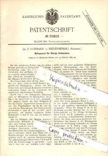 Original Patent - Dr. E. Luhmann in Niedermendig / Mendig , 1885 , Meßapparat für Kohlensäure !!!