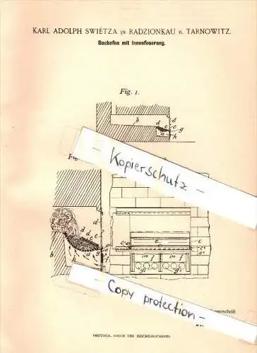 Original Patent - Karl A. Swiétza in Radzionkau / Radzionków , 1896, Backofen , Bäckerei , Tarnowitz , Cidry , Schlesien