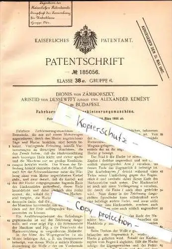 Original Patent - Dionis von Zámborszky , Aristid von Dessewffy und A. Kemény in Budapest , 1906 , Brennholz-Maschine !!