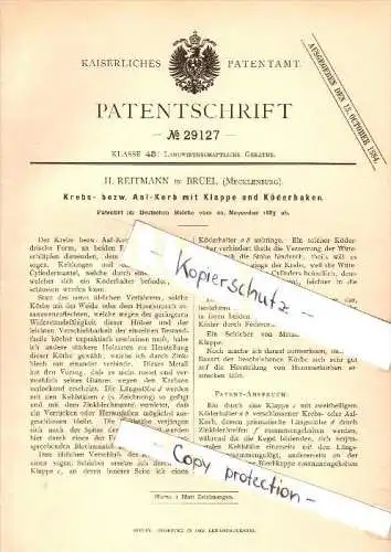 Original Patent - H. Reitmann in Brüel i. Mecklenburg , 1883 , Krebs- und Aalkorb , Aal , Fischer , Parchim !!!