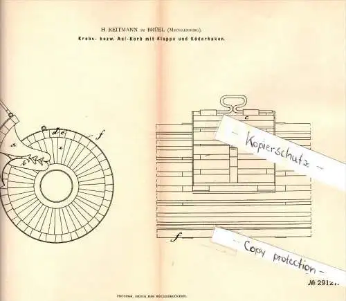 Original Patent - H. Reitmann in Brüel i. Mecklenburg , 1883 , Krebs- und Aalkorb , Aal , Fischer , Parchim !!!