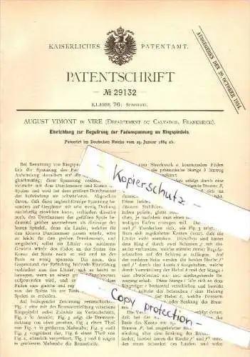 Original Patent - August Vimont à Vire , Calvados , 1884 , Régulation de la tension sur les machines de filature !!!