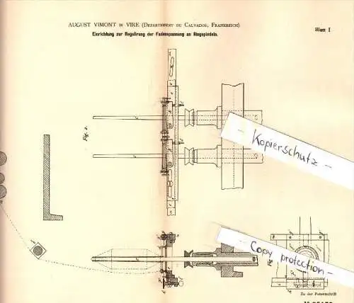 Original Patent - August Vimont à Vire , Calvados , 1884 , Régulation de la tension sur les machines de filature !!!