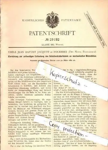 Original Patent - E.J. Jacquot à Fourmies , Nord , 1884 , Dispositif de décharge pour métier , tissage !!!