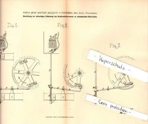 Original Patent - E.J. Jacquot à Fourmies , Nord , 1884 , Dispositif de décharge pour métier , tissage !!!