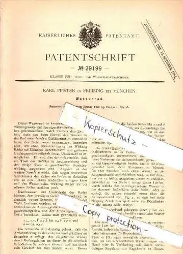 Original Patent - Karl Pfister in Freising b. München , 1884 , Wasserrad , Mühle !!!