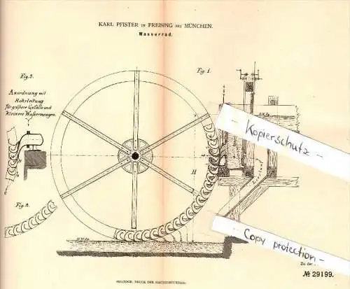 Original Patent - Karl Pfister in Freising b. München , 1884 , Wasserrad , Mühle !!!