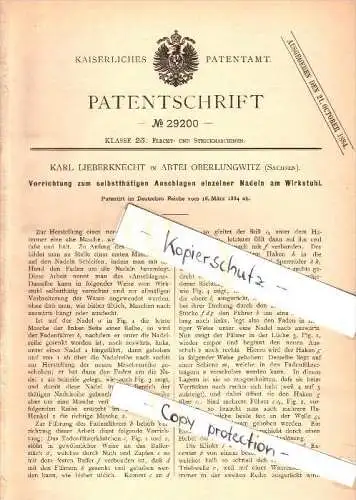 Original Patent - Karl Lieberknecht in Oberlungwitz , 1884, Vorrichtung zum Anschlag am Wirkstuhl , Strickerei , Zwickau