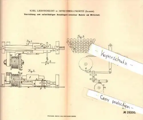 Original Patent - Karl Lieberknecht in Oberlungwitz , 1884, Vorrichtung zum Anschlag am Wirkstuhl , Strickerei , Zwickau