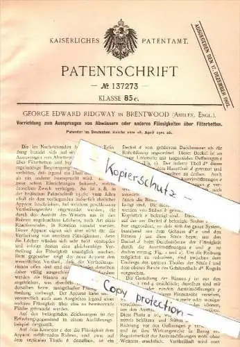 Original Patent - George Edward Ridgway in Brentwood , Ashley , 1901 , Device for blasting of water, sanitation !!!