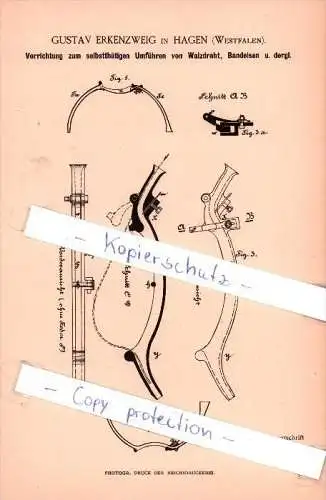 Original Patent  - G. Erkenzweig in Hagen , Westfalen , 1885 , Umführen von Walzdraht !!!