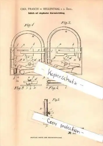 Original Patent - Chr. Frasch in Hellenthal i.d. Eifel , 1902 , Schloß mit Alarmeinrichtung , Alarmanlage , Alarm !!!