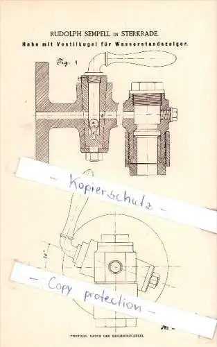 Original Patent  - R. Sempell in Sterkrade , 1886 , Hahn mit Ventilkugel für Wasserstandszeiger !!!