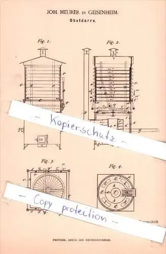 Original Patent  - Joh. Maurer in Geisenheim , 1885 , Obstdarre  !!!