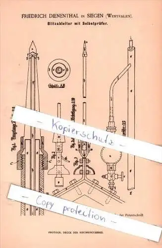 Original Patent  - F. Dienenthal in Siegen , Westfalen , 1885 , Blitzableiter mit Selbstprüfer !!!