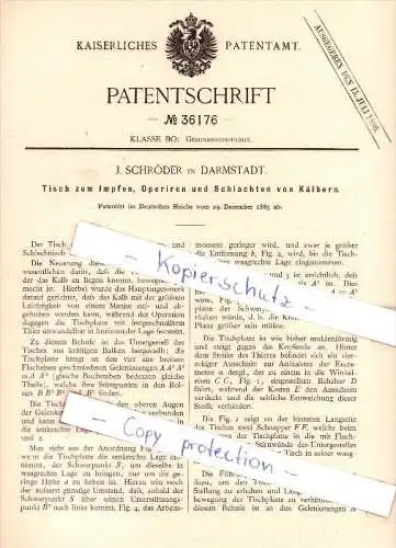 Original Patent  - J. Schröder in Darmstadt , 1885 , Operationstisch für Kälber , Tierarzt , Tierzucht !!!