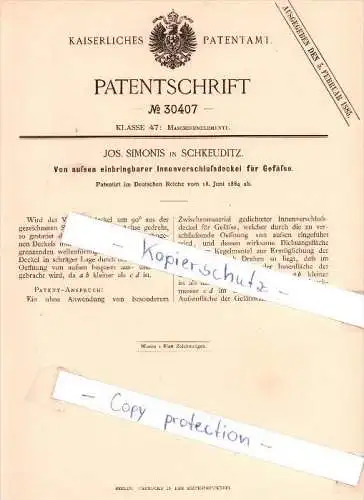 Original Patent  - Jos. Simonis in Schkeuditz , 1884 , Innenverschlußdeckel für Gefäße !!!