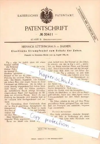 Original Patent  - H.  Lüttringhaus in Barmen , 1884 ,  Strumpfnadel zum Schutz der Zehen !!!