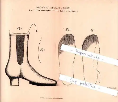 Original Patent  - H.  Lüttringhaus in Barmen , 1884 ,  Strumpfnadel zum Schutz der Zehen !!!