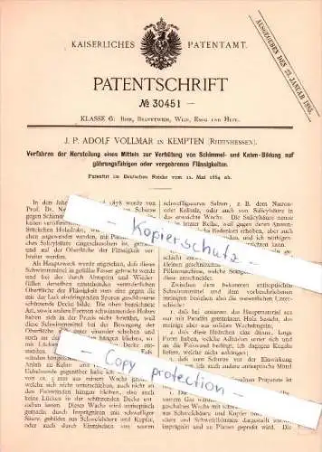 Original Patent  - J. P. Adolf Vollmar in Kempten , Rheinhessen  ,1884 , Verhütung von Schimmelbildung , Brauerei , Bier