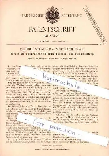 Original Patent  - B. Schneider in Schonach , Baden , 1884 , Verschluß-Apparat für Weichen , Eisenbahn !!!