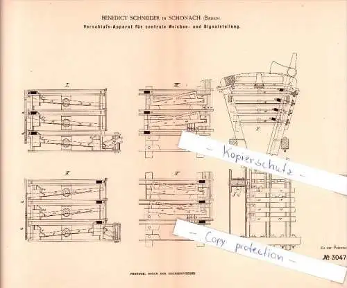 Original Patent  - B. Schneider in Schonach , Baden , 1884 , Verschluß-Apparat für Weichen , Eisenbahn !!!