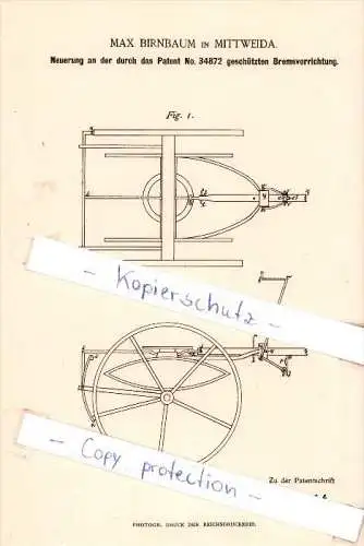 Original Patent  - Max Birnbaum in Mittweida , 1886 ,  Bremsvorrichtung !!!