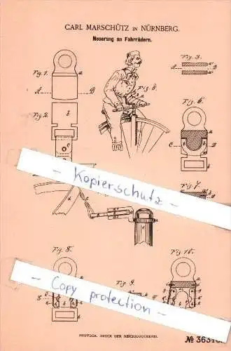 Original Patent  - Carl Marschütz in Nürnberg , 1886 , Neuerung an Fahrrädern !!!