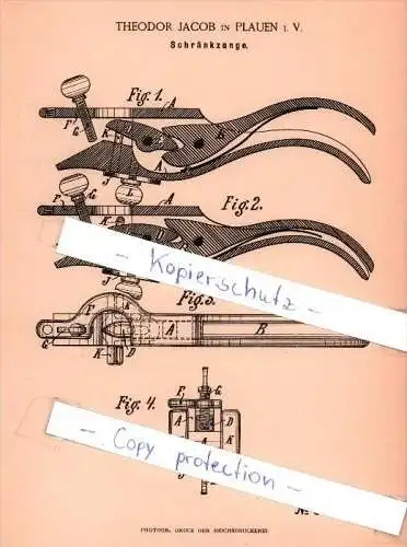 Original Patent  - Theodor Jacob in Plauen i. V. , 1886 , Schränkzange  !!!