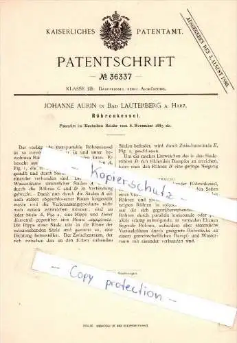 Original Patent  - Johanne Aurin in Bad Lauterberg a. Harz , 1885 , Röhrenkessel !!!