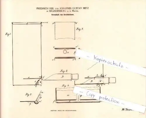 Original Patent  - F. Reil und J. G. Metz in Brandenburg a. d. Havel , 1885 , Verschluß von Blechbüchsen  !!!