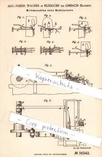 Original Patent  - A. F. Wagner in Russdorf bei Limbach , Sachsen , 1885 , Wirkmaschine !!!