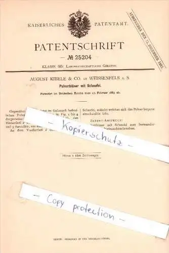 Original Patent  - August Kibele & Co. in Weissenfels a. S. , 1883 , Pulverbläser mit Schaufel !!!