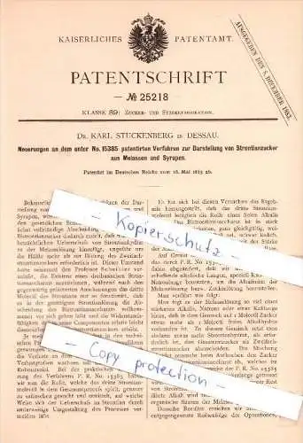 Original Patent  - Dr. Karl Stuckenberg in Dessau , 1883 , Darstellung von Strontianzucker  !!!