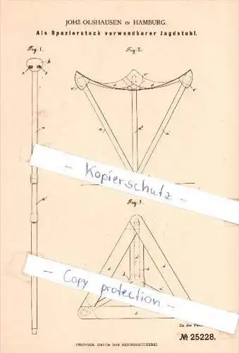 Original Patent  - Johs Olshausen in Hamburg , 1883 , Als Spazierstock verwendbarer Jagdstuhl , Jagd , Jäger !!!