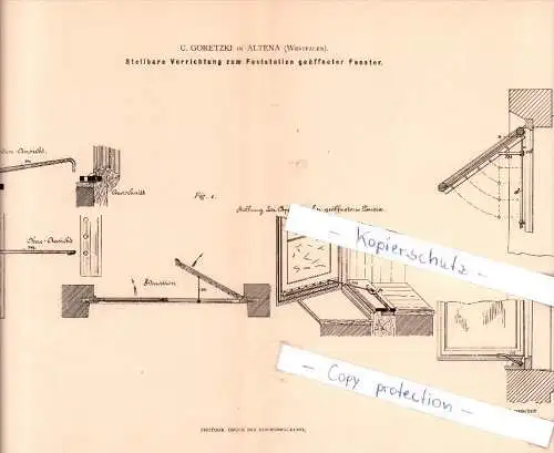 Original Patent  - C. Goretzki in Altena , Westfalen , 1883 , Feststellen geöffneter Fenster !!!