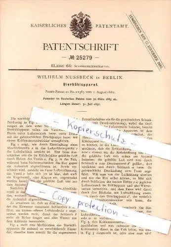 Original Patent  - Wilhelm Nussbeck in Berlin , 1883 , Kühlapparat für Bier !!!