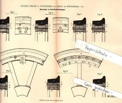 Original Patent - Rudolf Sydow in Fünflinden / Prochorowka per Arnau b. Königsberg , 1882 , Radbefestigung !!!